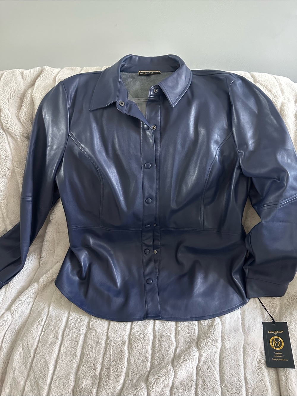 Kathy Ireland Faux Soft Leather Button-Front Shirt/Jacket in Navy Blue